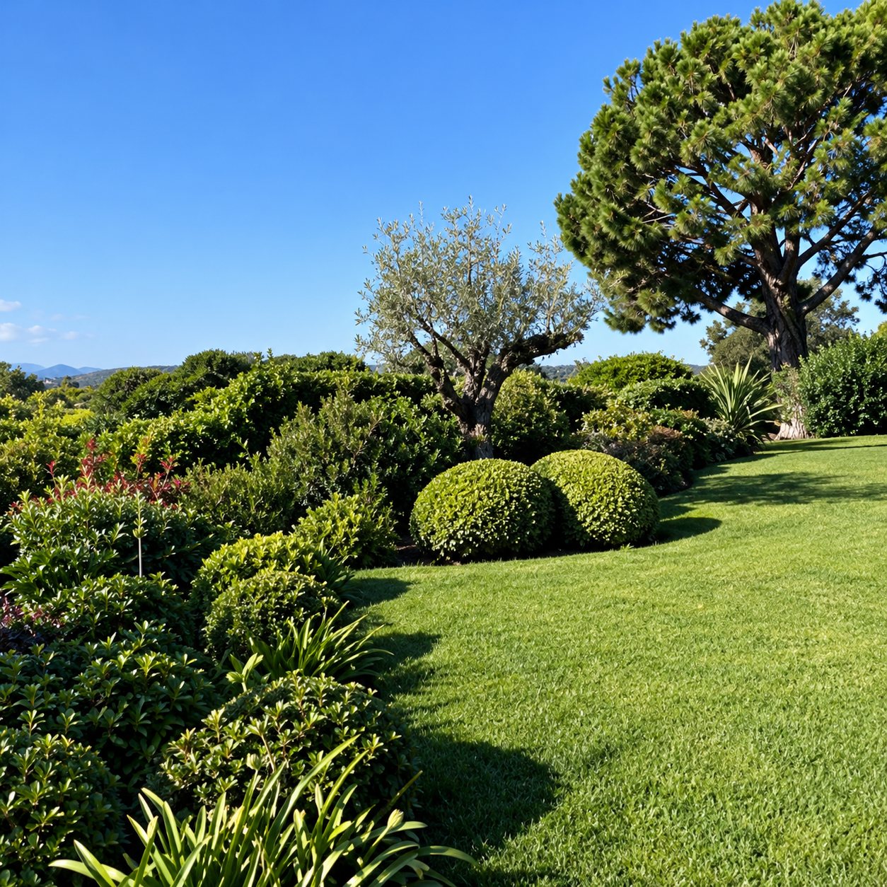 Un jardin ensoleillé aux arbustes taillés en forme arrondie, entouré d'une pelouse et d'arbres, avec la mer à l'horizon.