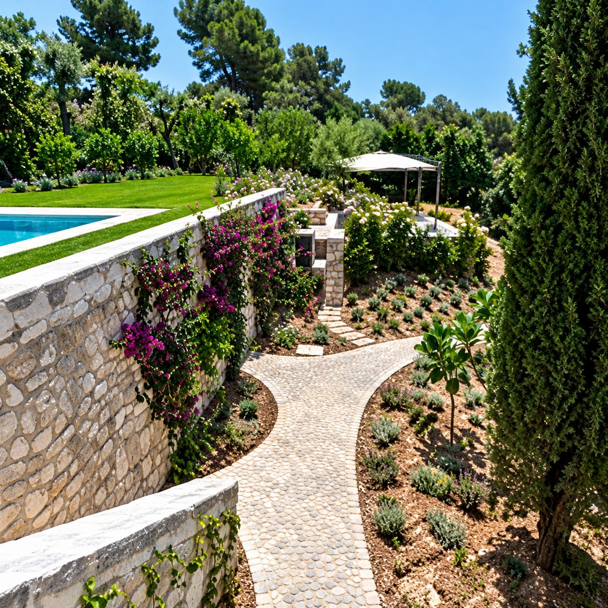 Un jardin méditerranéen aménagé avec un chemin sinueux, un muret en pierre, des fleurs roses, des cyprès et une piscine en arrière-plan.