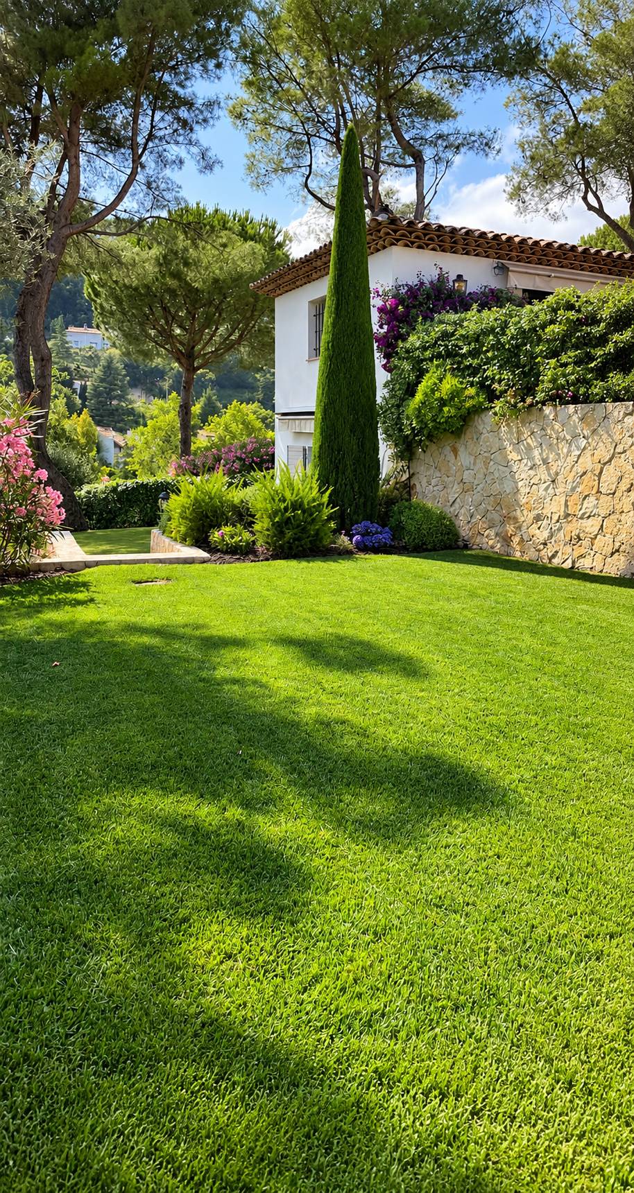 Une pelouse verdoyante entretenue entoure un grand cyprès, des massifs fleuris et un muret de pierre devant une maison blanche au toit de tuiles.