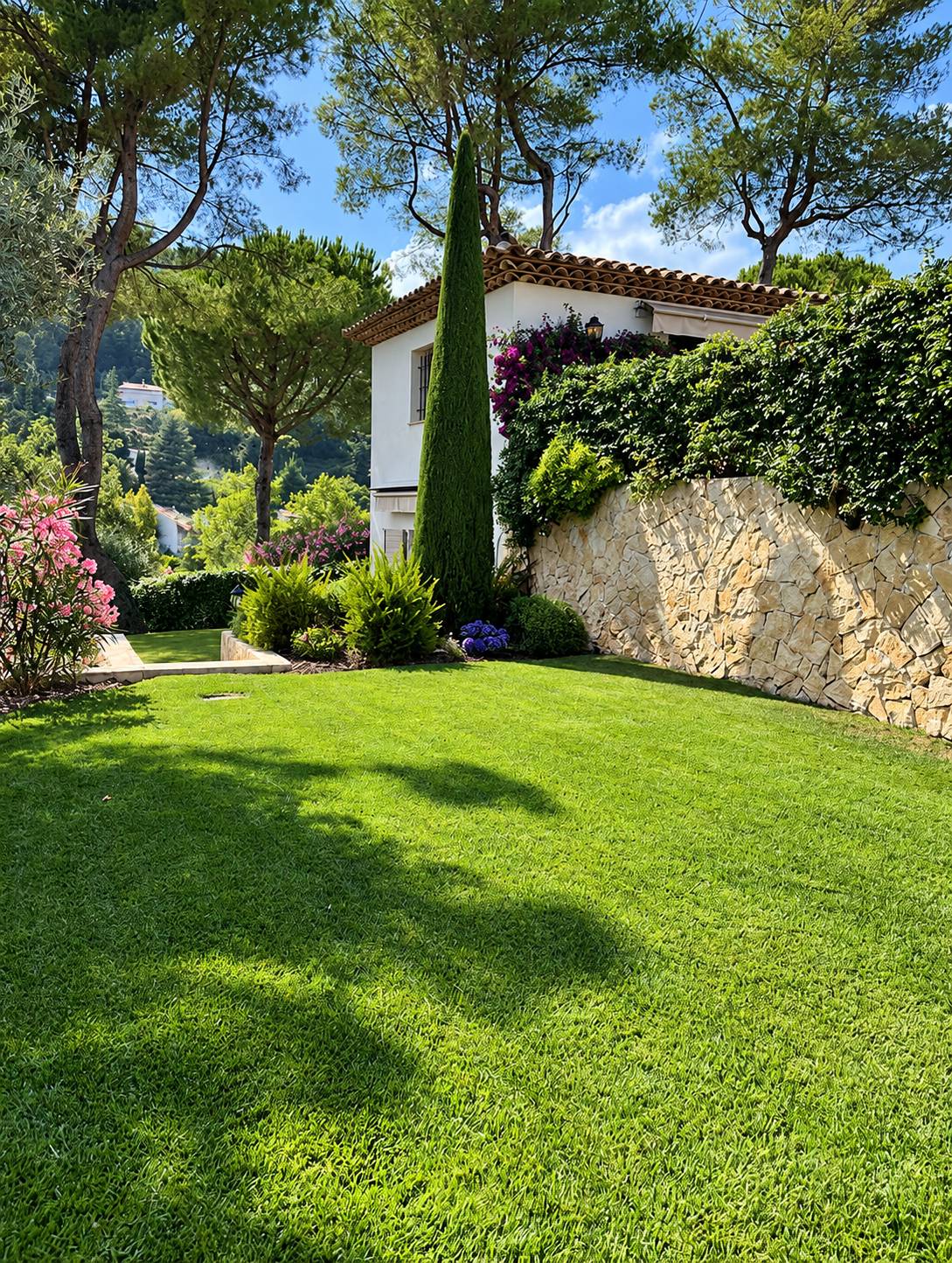 Une pelouse bien entretenue devant une villa blanche, avec un grand cyprès, des massifs fleuris et un mur en pierres sèches couvert de lierre.