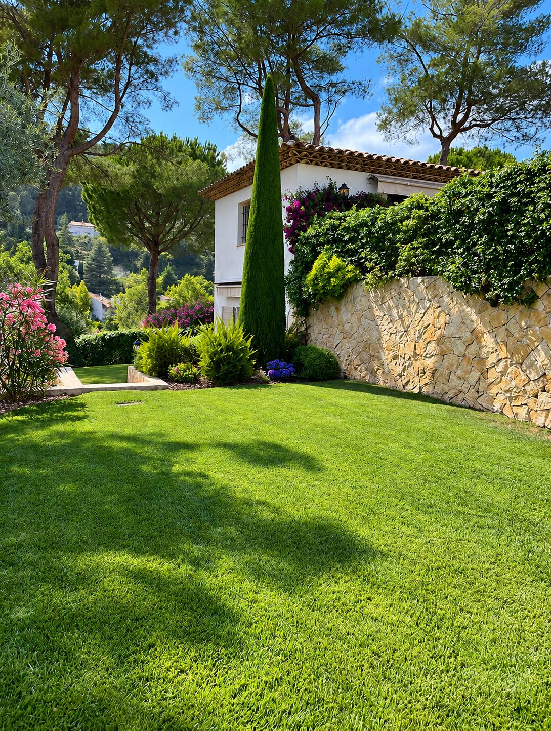 Une pelouse bien entretenue borde un mur en pierres sèches, un grand cyprès et une villa blanche à toit de tuiles entourée de pins et de fleurs.