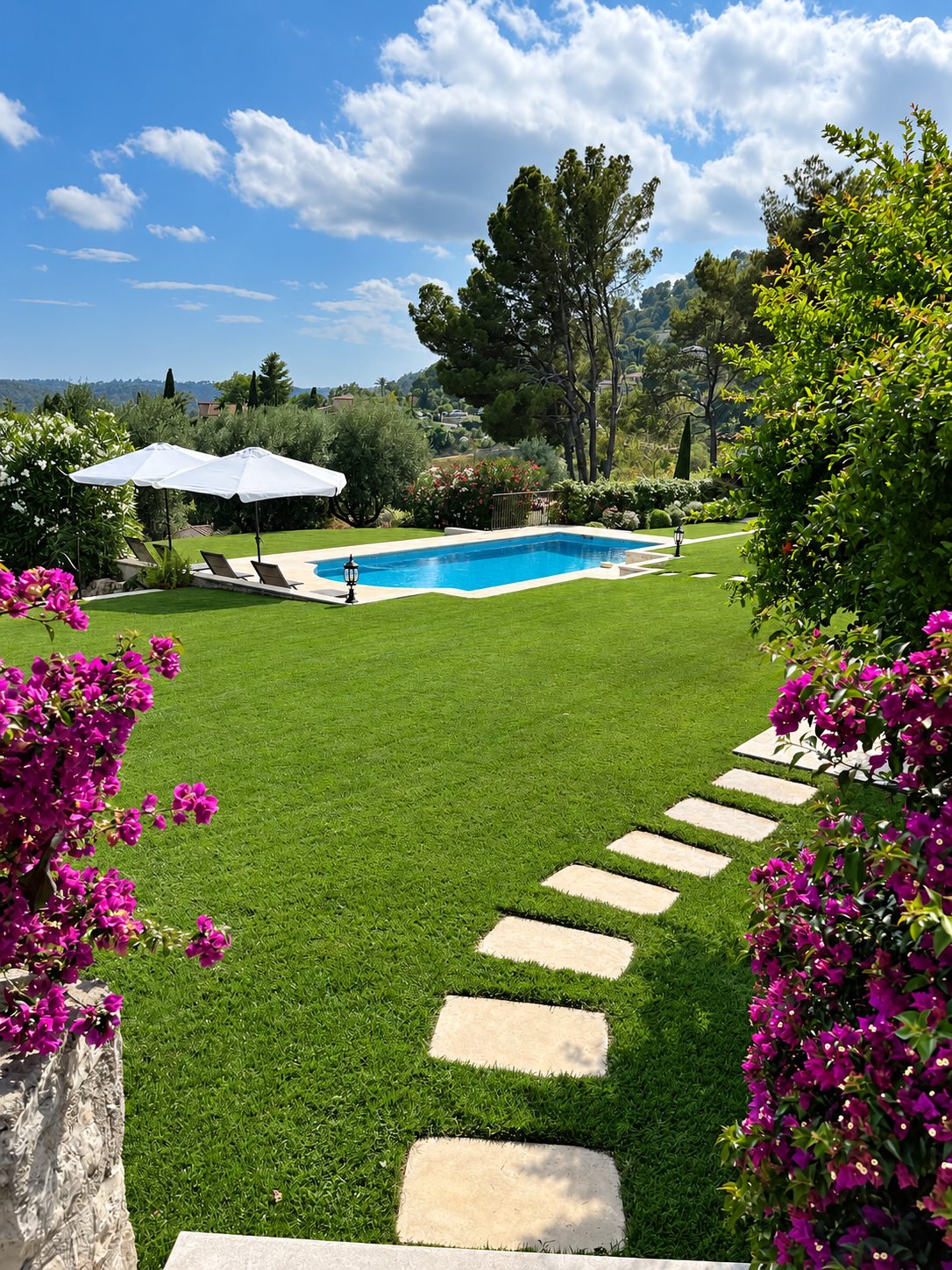 Un jardin soigné avec une pelouse verte, un chemin de dalles en pierre, des bougainvilliers fleuris et une piscine bordée de parasols blancs.