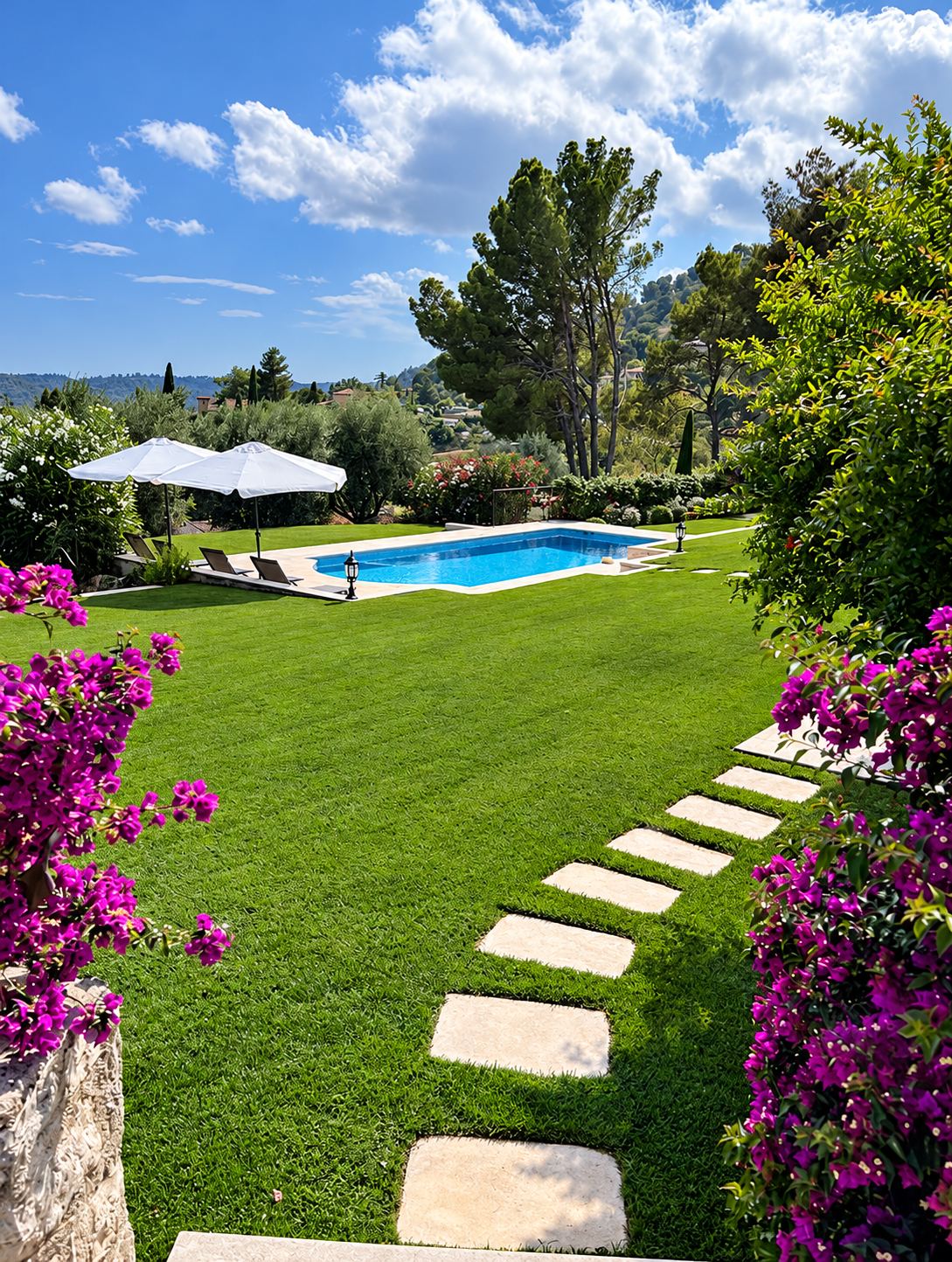 Un jardin aménagé avec une pelouse verte, des dalles en pierre, une piscine bleue entourée de parasols blancs et des bougainvilliers violets au premier plan.