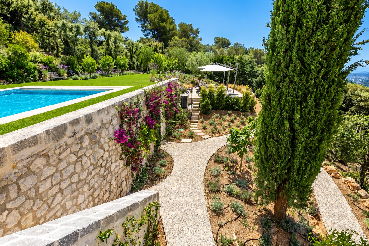 Jardin en terrasses au bord d'une colline, avec une piscine, un mur en pierres sèches couvert de bougainvilliers, une allée de gravier et un grand cyprès.