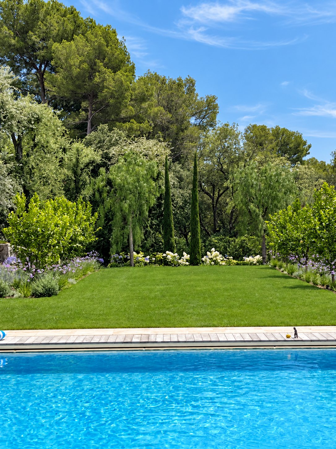 Un jardin soigné aux massifs fleuris et à la pelouse verte, bordé de cyprès et de grands arbres, s'étend derrière une piscine d'un bleu éclatant.