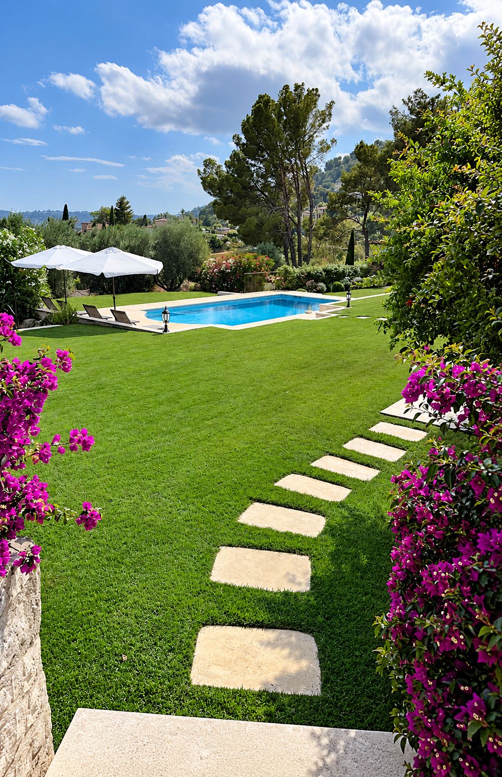 Un jardin méditerranéen avec une pelouse verte, un chemin de dalles en pierre menant à une piscine bleue, des parasols blancs et des bougainvilliers en fleurs.