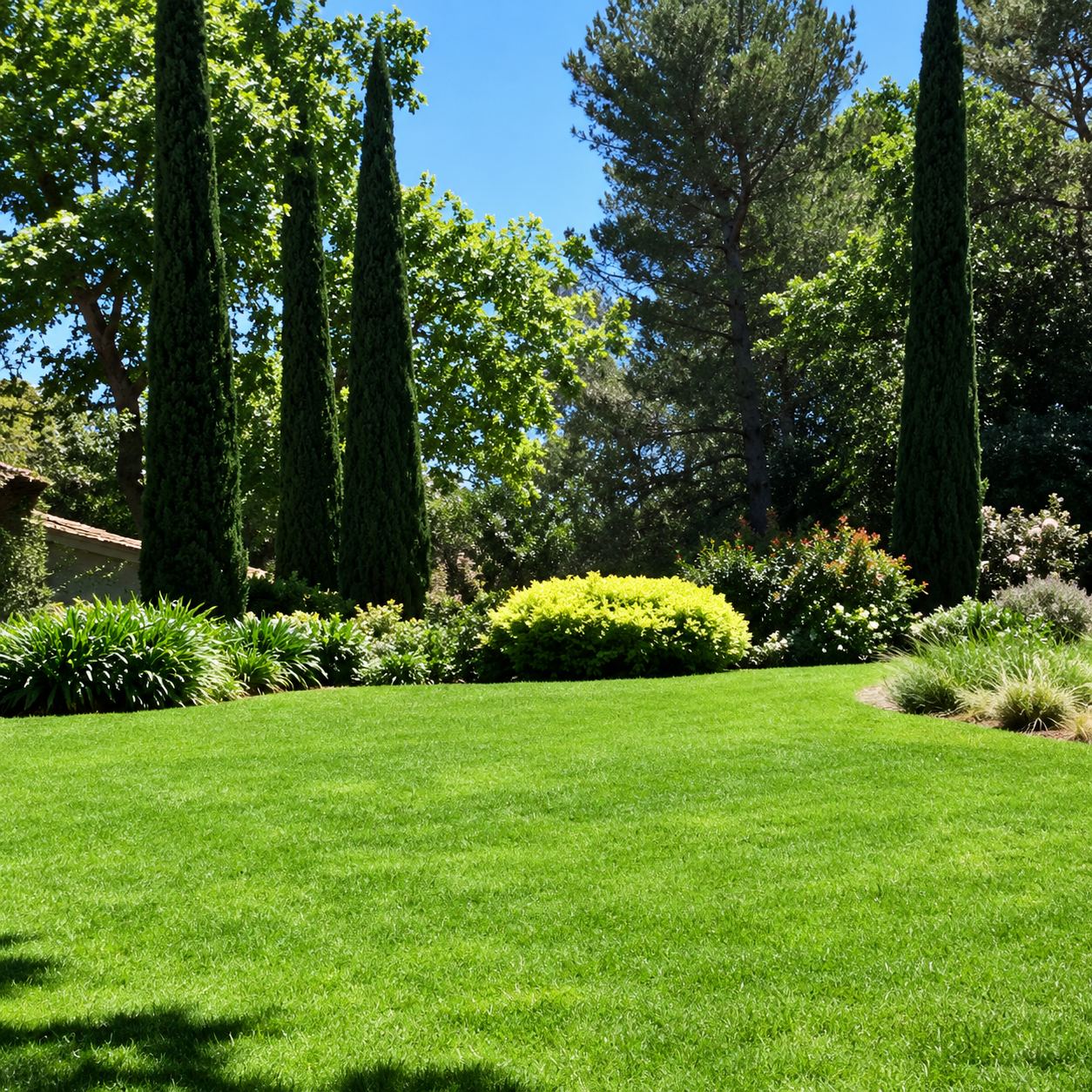 Un grand jardin ensoleillé avec une pelouse bien verte, des cyprès élancés, des arbustes taillés et des pins en arrière-plan.