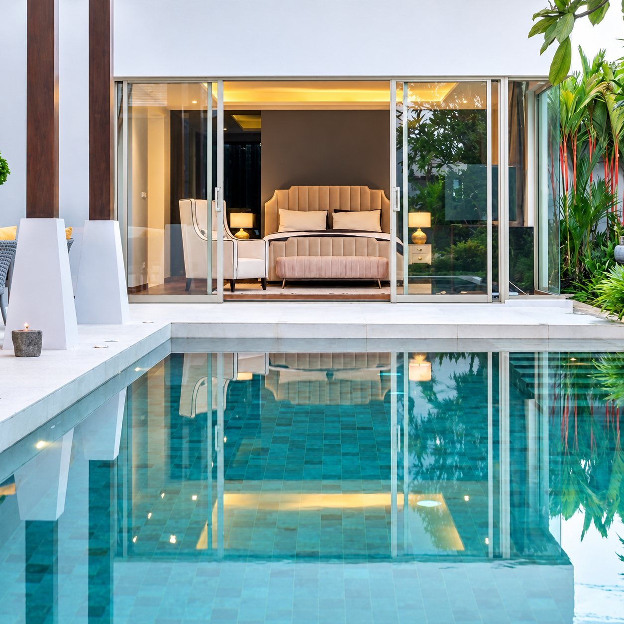 Une piscine au carrelage turquoise reflète les grandes baies vitrées coulissantes d'une villa moderne qui laissent voir une chambre lumineuse avec un lit beige.