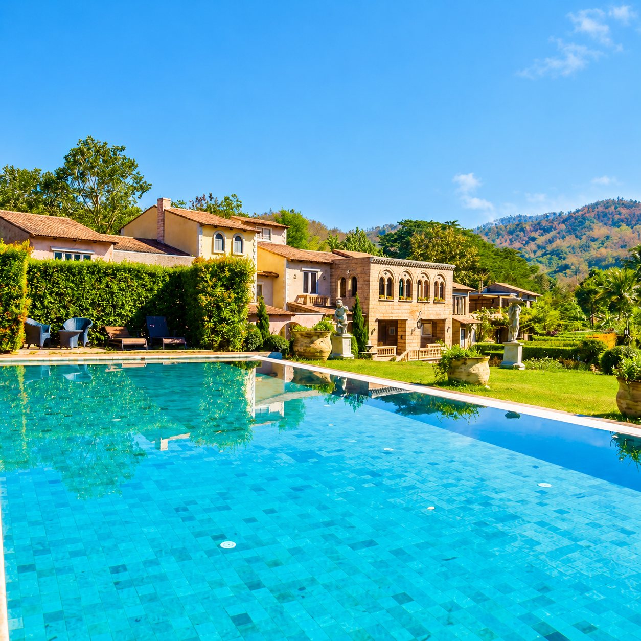 Une grande piscine au carrelage turquoise borde un jardin et une villa de style méditerranéen aux murs ocre, avec des collines boisées en arrière-plan.