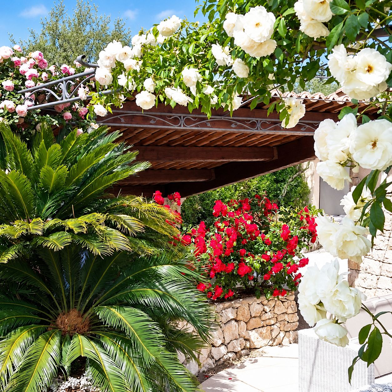 Une terrasse de jardin ornée de rosiers blancs et rouges en fleurs, d'un cycas et d'une pergola en bois avec ferronnerie, près d'un muret de pierre.