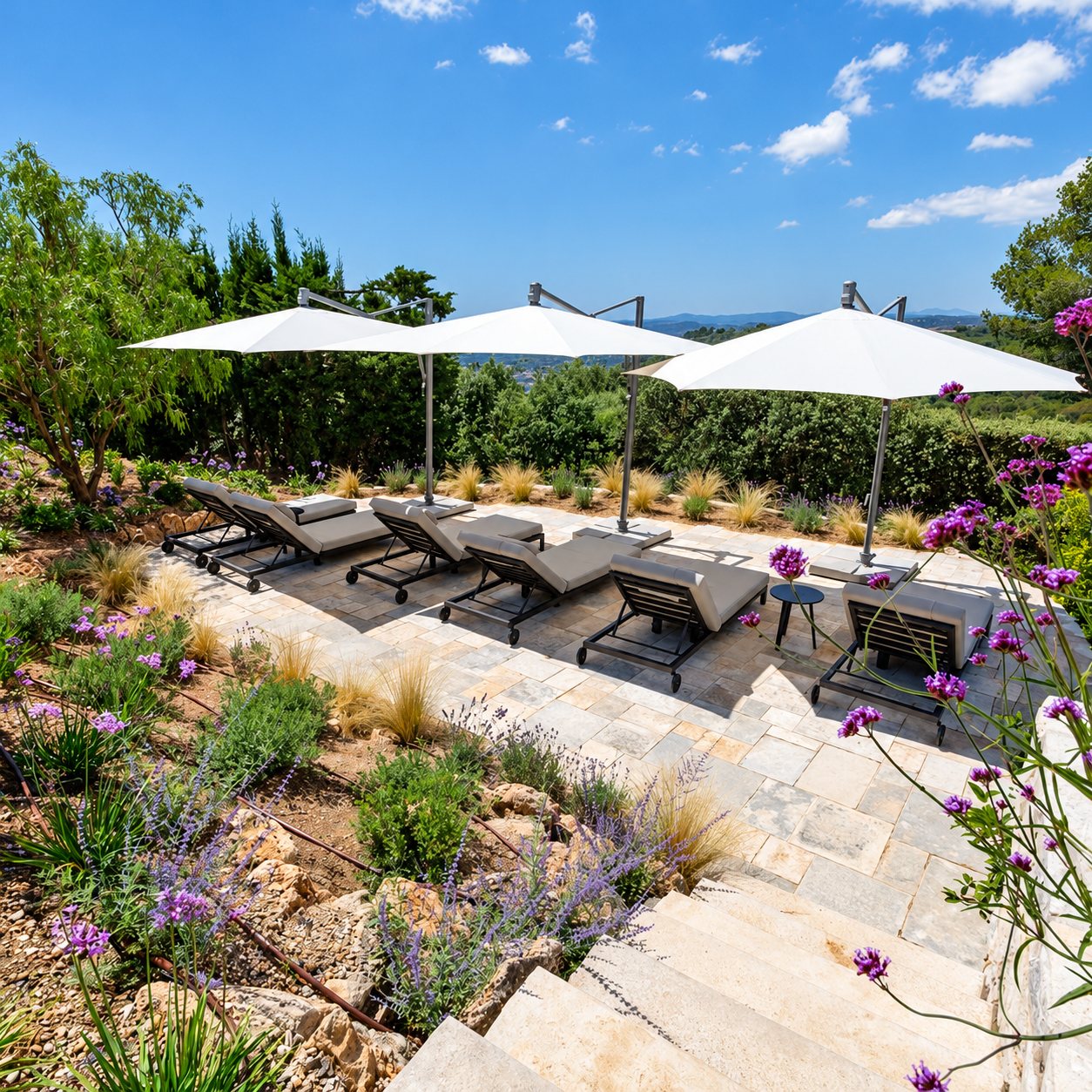 Une terrasse dallée de pierre claire équipée de transats gris et de grands parasols blancs déportés, entourée de lavande, de graminées et de verveines violettes.
